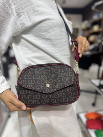Benetton Bnt-1687 Suni Deri Monogram Baskı Çapraz Model Kahve Bordo