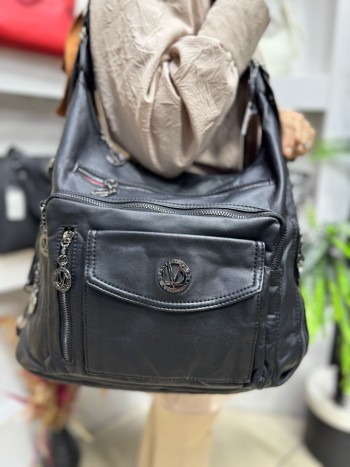 Levidor 930270 Kadın Çanta İthal Yıkama Deri Omuz Sırt Model Siyah