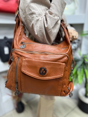 Levidor 930270 Kadın Çanta İthal Yıkama Deri Omuz Sırt Model Taba